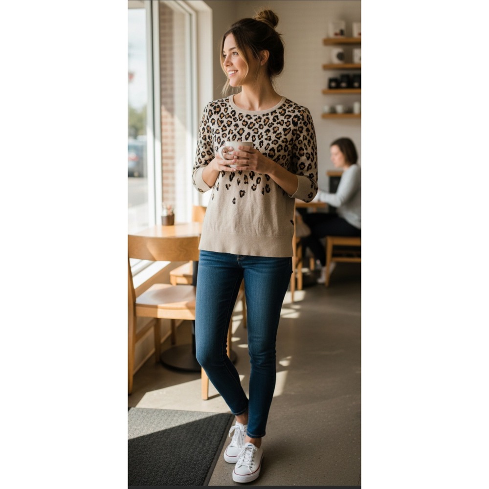 Lands End Leopard Print Crew Neck 3/4 Sleeve Sweater Womens L T Beige